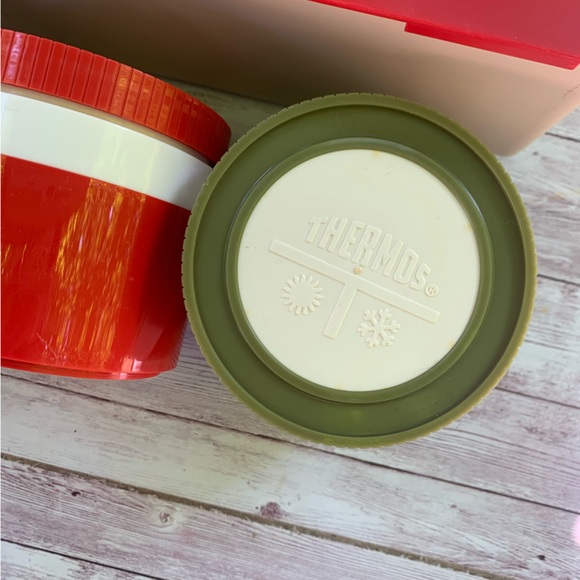 Vintage Thermos Insulated Jars #1155/3 Red Green Picnic Slide Lid Container - Picture 6 of 12